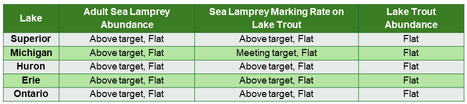 Chart showing sea lamprey abundance, wounds on lake trout and lake trout abundance for each great lake.  In Lake Superior the adult sea lamprey abundance index is above target and holding steady; the sea lamprey marking rate on lake trout is above target and holding steady; and, lake trout abundance is steady.  In Lake Michigan the adult sea lamprey abundance index is meeting target and holding steady; the sea lamprey marking rate on lake trout is above target and decreasing; and, lake trout abundance is steady.  In Lake Huron the adult sea lamprey abundance index is above target and holding steady; the sea lamprey marking rate on lake trout is above target and holding steady; and, lake trout abundance is steady.  In Lake Erie the adult sea lamprey abundance index is above target and holding steady; the sea lamprey marking rate on lake trout is above target and holding steady; and, lake trout abundance is steady.  In Lake Ontario the adult sea lamprey abundance index is meeting target and holding steady; the sea lamprey marking rate on lake trout is meeting target and decreasing; and, lake trout abundance is steady.